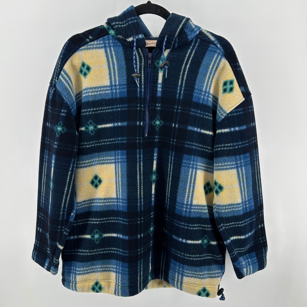 Vintage Woolrich Women M Fleece Plaid 1/4 Zip Hoodie Diamond Rugged Outdoor USA